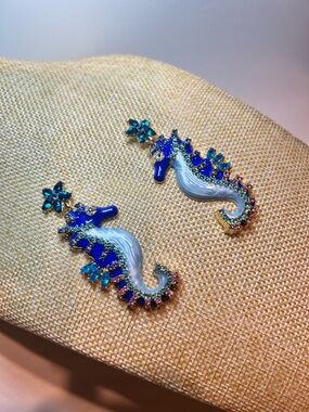 NEW Blue summer seahorse star drop with stainless steel post rhinestones earring